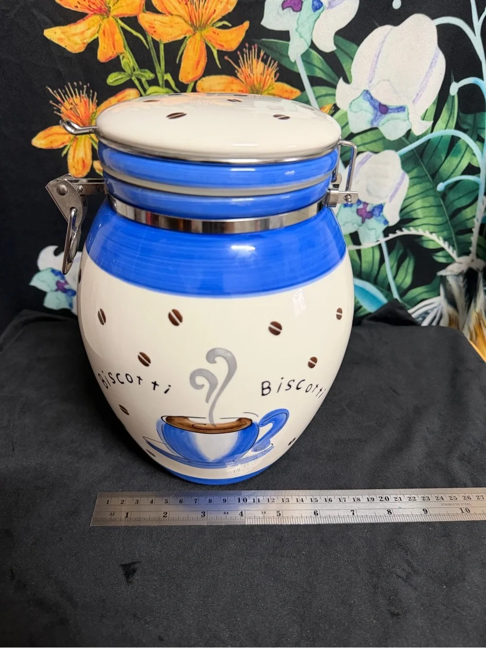 Vintage Blue and White Biscotti Ceramic Cookie Jar - Home Kitchen Storage